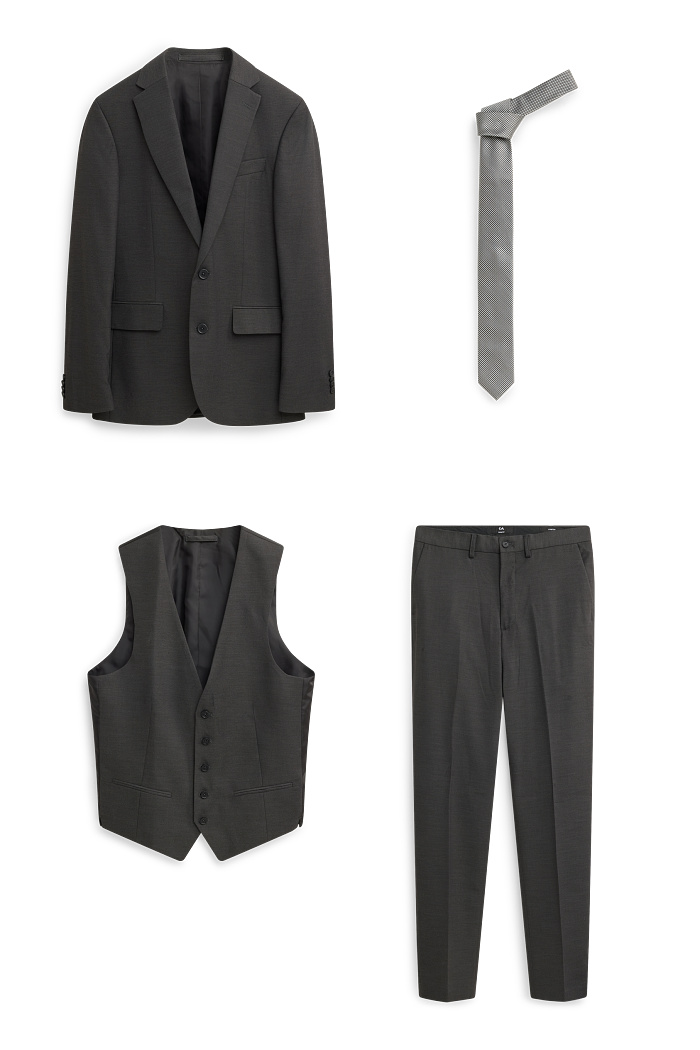 C&A Anzug mit Krawatte-Slim Fit-4 teilig, Schwarz, Größe: 60