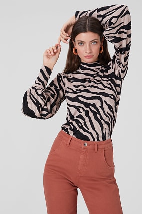 Langarmshirt mit Turtleneck - Animal-Print - gerippt