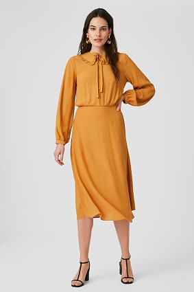 Ženy - Šaty s balonovými rukávy - Volánový límec se zavazováním