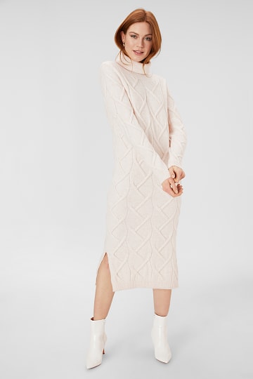 Knitted dress with cable knit pattern - polo neck