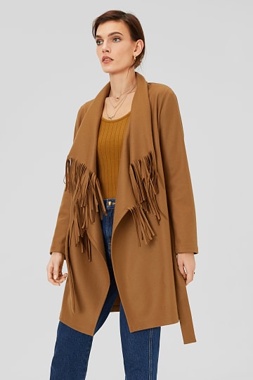 Fringed jacket with tie belt - wool blend