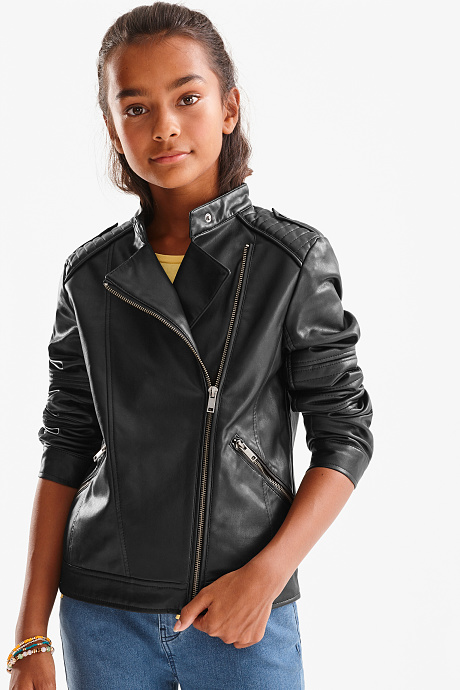 Распродажа-байкерская куртка-имитация кожи-черный