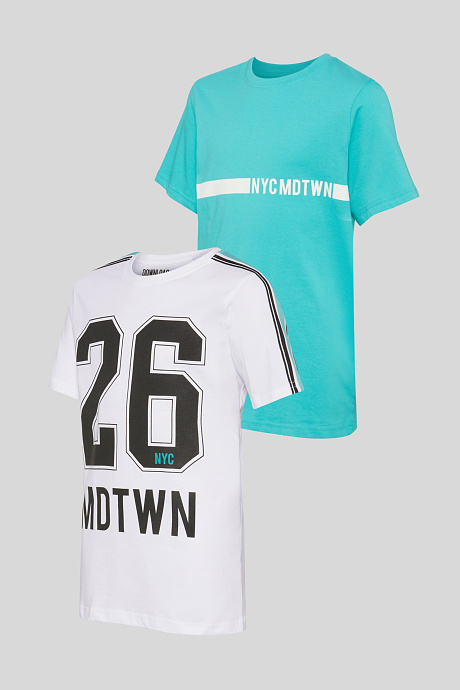 Kinder - Kurzarmshirt - Bio-Baumwolle - 2er Pack - weiß / türkis