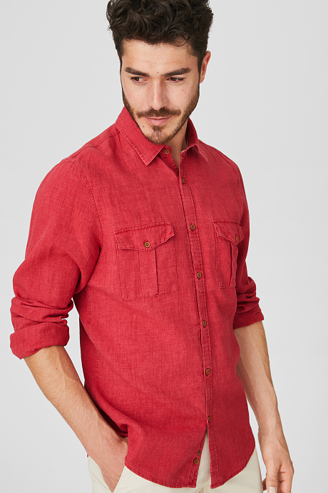Продажа-рубашка-Slim Fit-Кент-лен-микс-красный / красный
