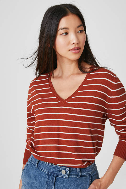 Sale - Basic-свитер - полосатый - коричневый / кремово-белый