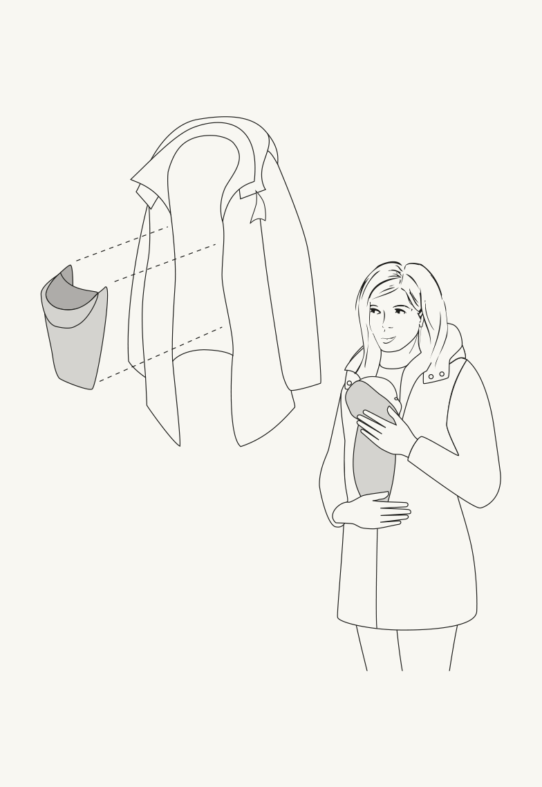 A maternity jacket with a practical baby carrier for the post-birth period.