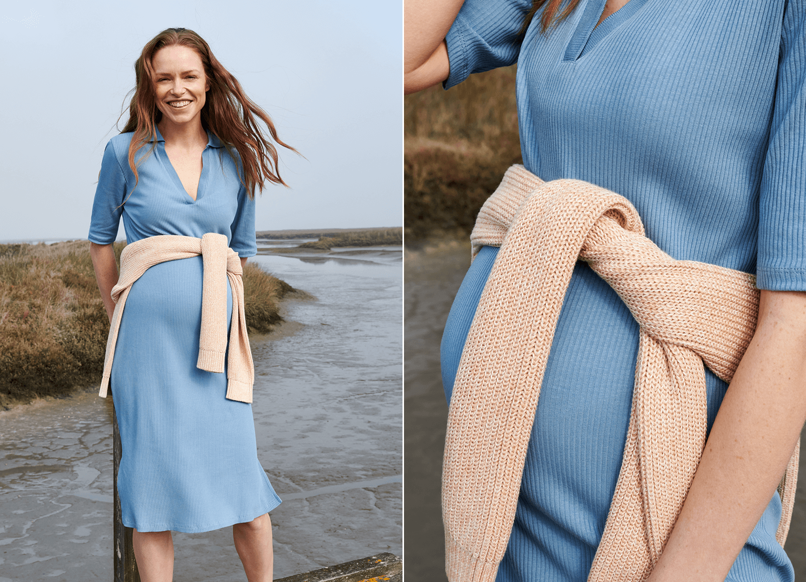 Eine Schwangere mit großem Babybauch trägt ein feminines, figurbetontes Umstandskleid. Close-Up auf das figurbetonte Umstandkleid und den locker um die Hüfte geschlungenen Pullover.