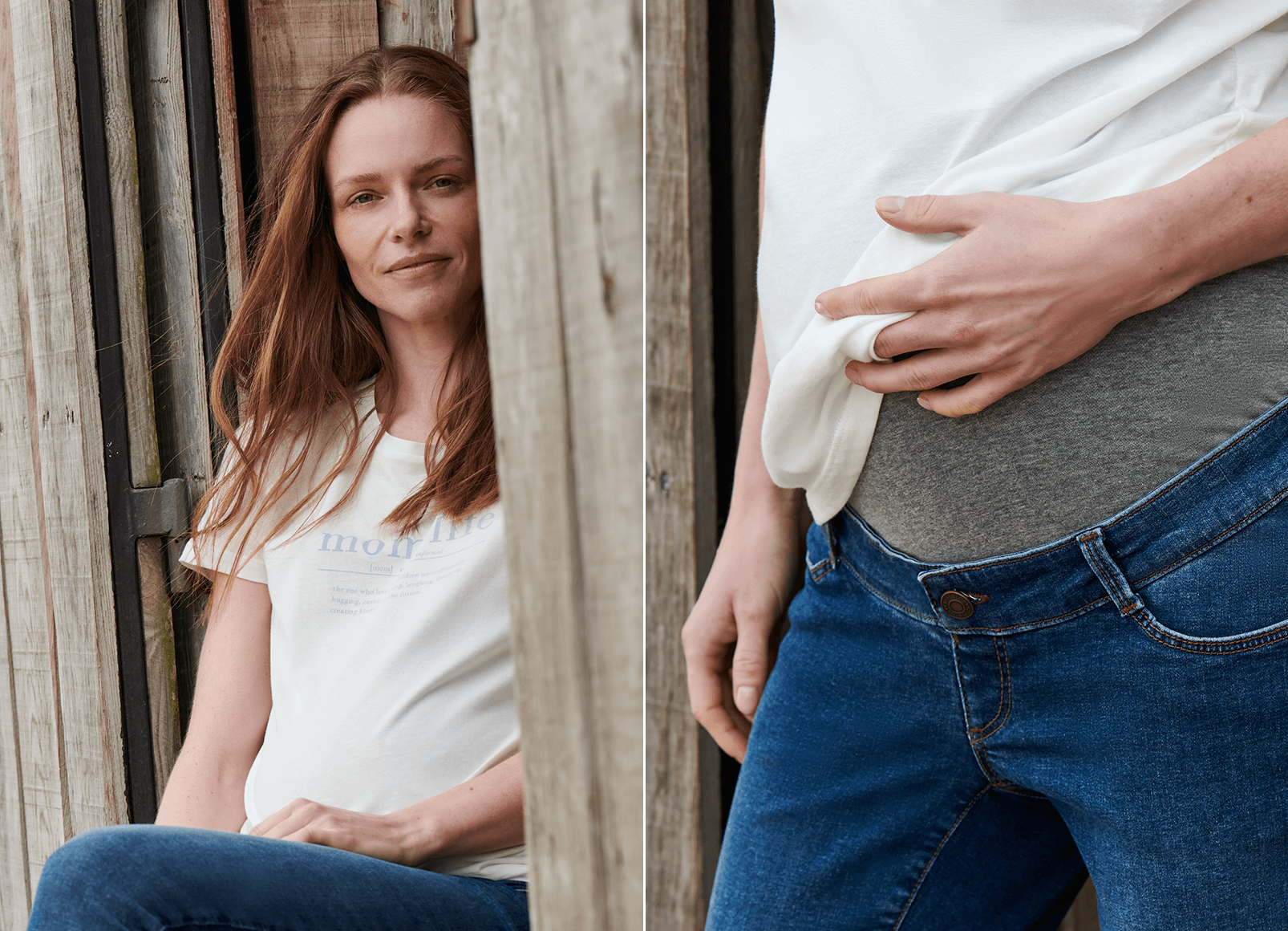 Umstandsjeans und weisses Shirt – ein unschlagbar bequemer Look. Umstandhose mit stützendem Oberbandbauch für den extra Wohlfühl-Faktor.