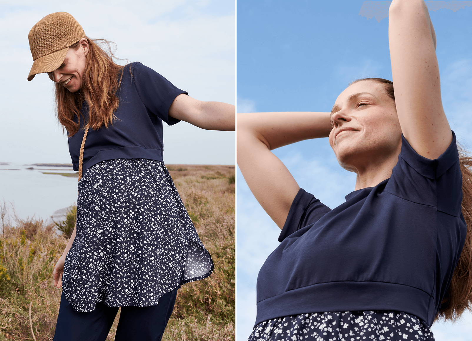Look confortevole con top a fantasia, jeans premaman e berretto casual.
Una donna incinta sorridente si sente a suo agio indossando un top premaman a fantasia.