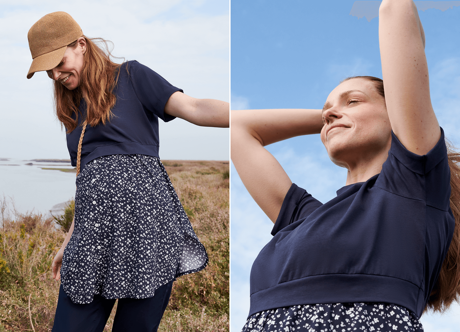 Look confortable composé d’un haut à motif, d’un jean de grossesse et d’une casquette décontractée.
                                  Une femme enceinte souriante à l’aise dans son haut de grossesse à motif.