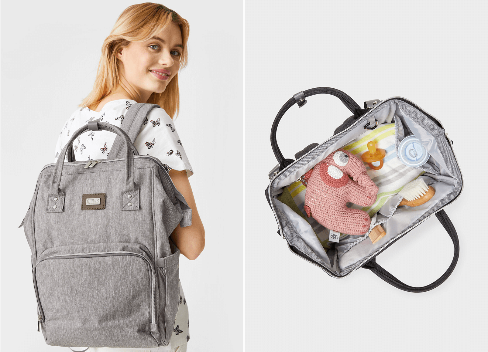 Tout est prêt : une jeune femme porte son sac de maternité sur les épaules.
                                  Vue du dessus d’un sac de maternité prêt. Il ne faut surtout pas oublier une jolie petite peluche.