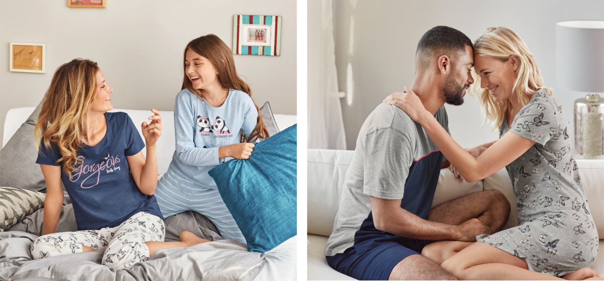 Pyjama, Schlafanzug, Nachthemd Vier Personen im Pyjama, Schlafanzug oder Nachthemd