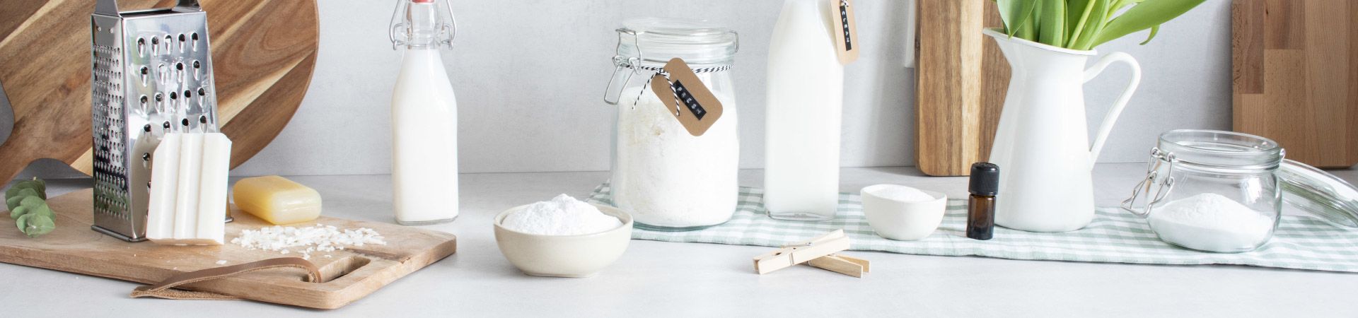 Homemade washing detergent: all the ingredients needed for a homemade detergent laid out on a table.