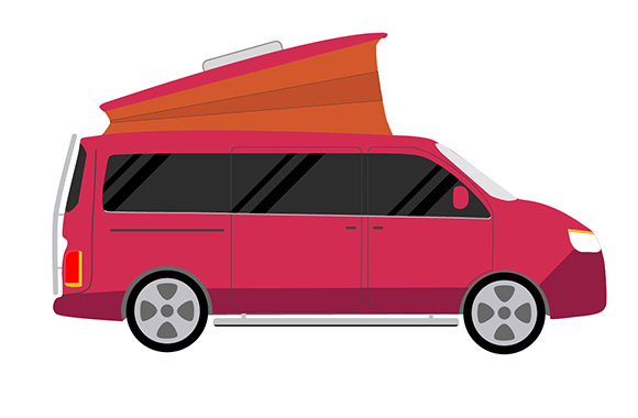 Van attrezzato a camper – Rappresentazione schematica di un camper van con tetto a soffietto. Van attrezzato a camper – Rappresentazione schematica di un camper van con tetto a soffietto.