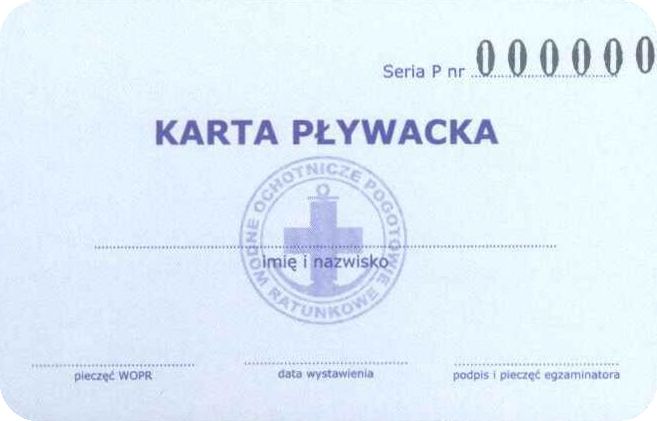 Karta pływacka z oficjalną pieczątką WOPR-u Karta pływacka z oficjalną pieczątką WOPR-u