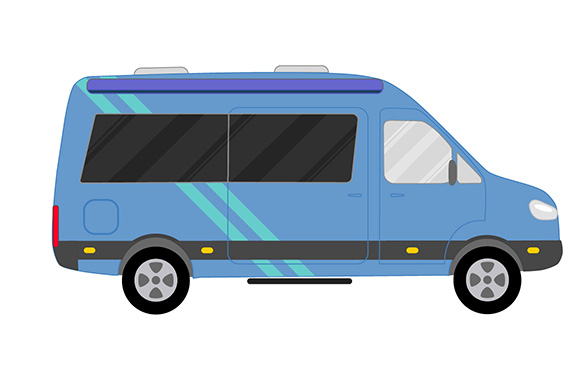 Camper puro – Rappresentazione schematica di un furgone camperizzato blu. Camper puro – Rappresentazione schematica di un furgone camperizzato blu.
