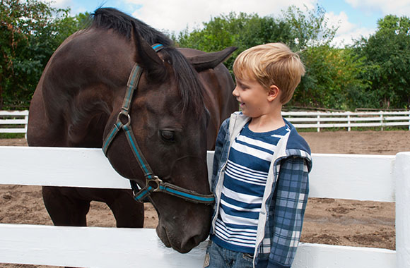Un garçon debout à côté d’un cheval dans un centre équestre.