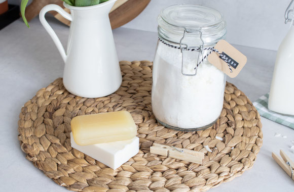 Homemade detergent in a glass clip top jar.