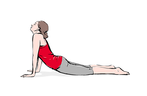 Grafika – kobieta wykonuje ćwiczenie na kręgosłup w pozycji kobry.