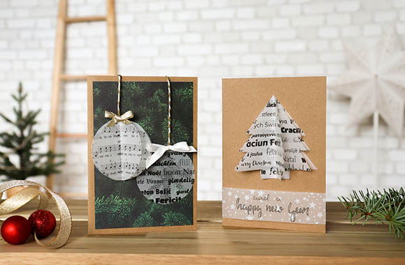 Handmade Christmas cards with Christmas balls or Christmas tree as a 3D design.