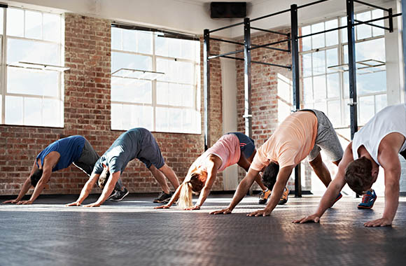 Ashtanga Yoga: Yoga participants in the downward-facing dog.