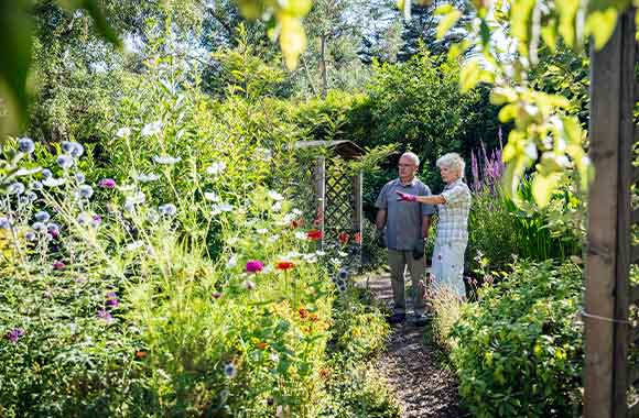 Tuinieren in de zomer: een echtpaar plant samen planten in de tuin.