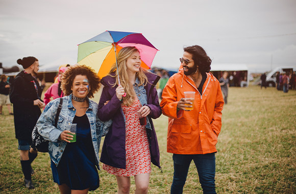 Rain clothes for a festival: Friends walking around the festival site in rain clothes. Rain clothes for a festival: Friends walking around the festival site in rain clothes.