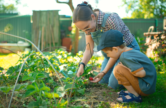 Tuinieren met kinderen: een moeder toont haar zoon een aardbeiplant in de tuin.