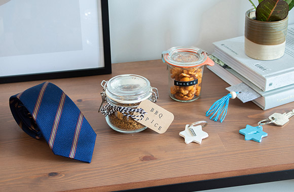 Father's Day craft ideas on a table. Father's Day craft ideas on a table.