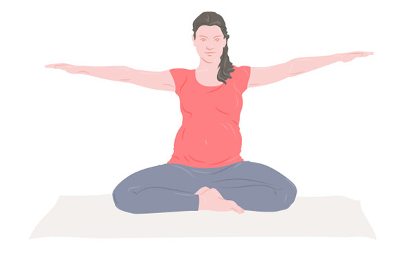 Yoga pregnant woman – woman sitting cross-legged with arms outstretched. Yoga pregnant woman – woman sitting cross-legged with arms outstretched.