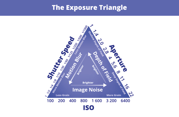 Belichtingsdriehoek - Infografiek over het verband tussen diafragma, sluitertijd en ISO.