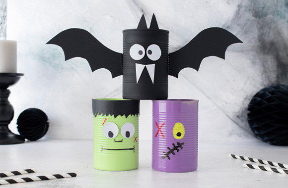 Making a bat: a fun game for Halloween made out of empty tins.