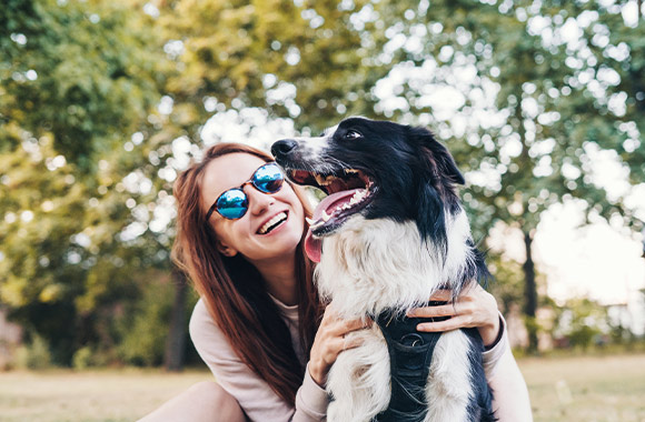 Welche Hunderasse passt zu mir – Hund und Besitzerin im Park. Welche Hunderasse passt zu mir – Hund und Besitzerin im Park.