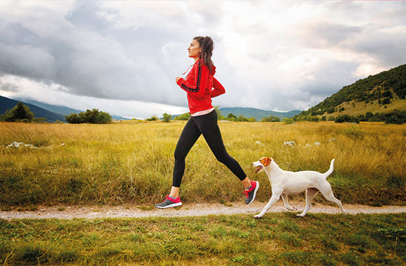Sportende honden: vrouw jogt samen met haar hond.