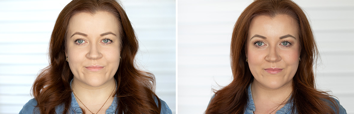 Before-and-after comparison: Making the face slimmer with make-up.